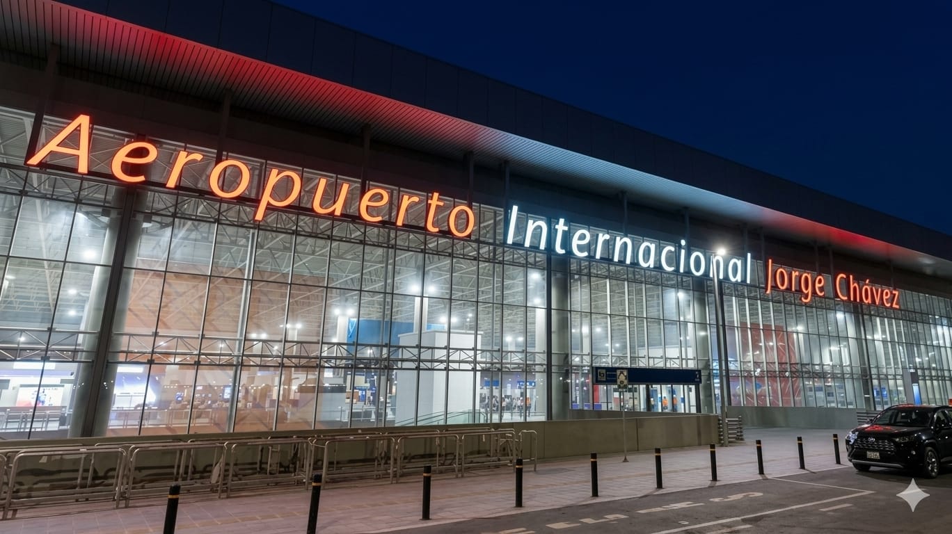 Fachada nocturna del Aeropuerto Internacional Jorge Chávez con vehículo de Central Taxi Airport Lima