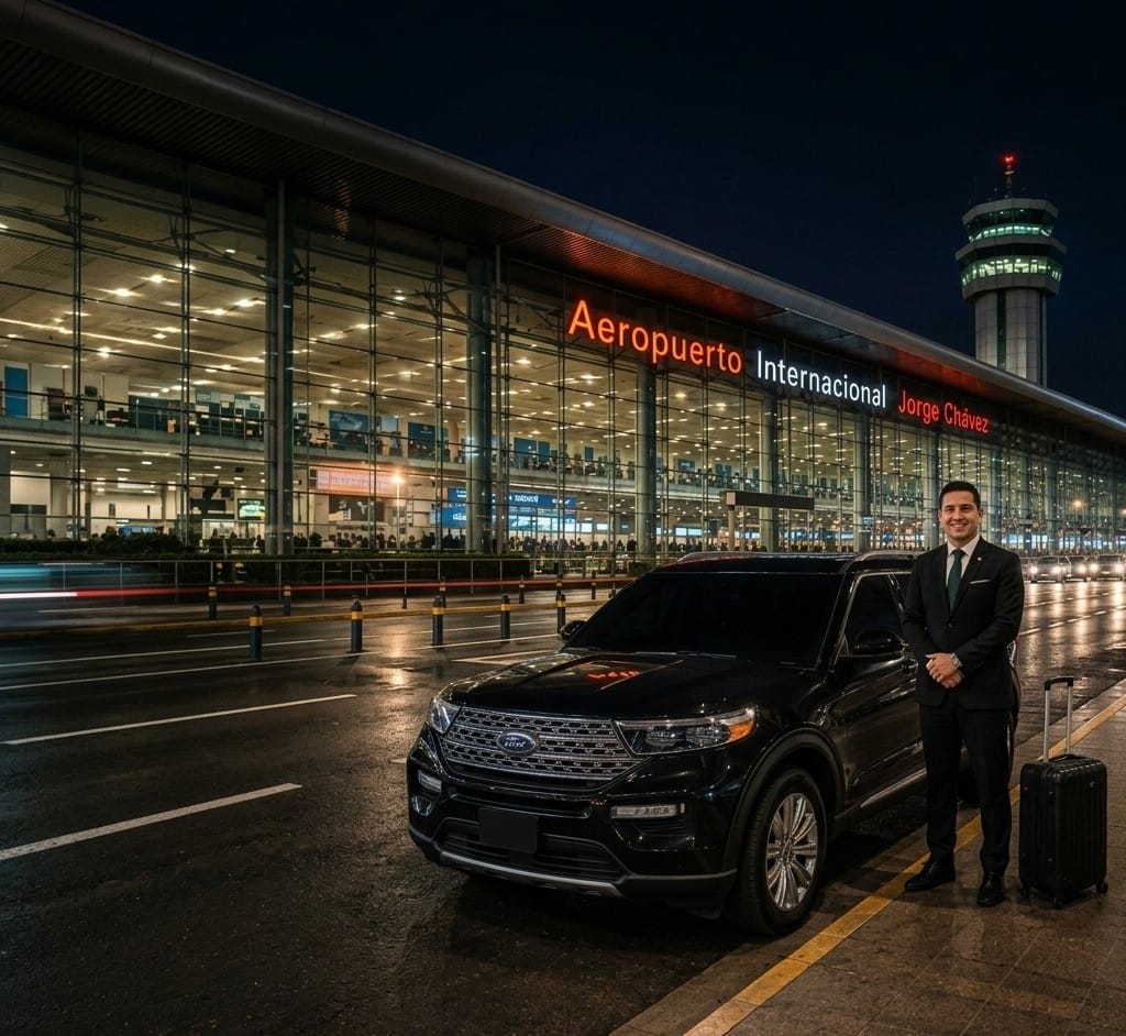 Conductor de Central Taxi Airport Lima junto a su camioneta frente al Aeropuerto Jorge Chávez de noche